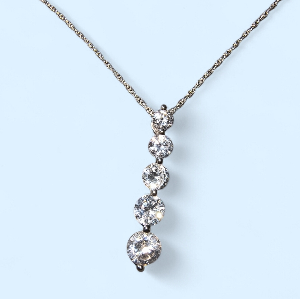 Sterling Silver And Clear CZ 5-Stone Journey Pendant Necklace NWOT